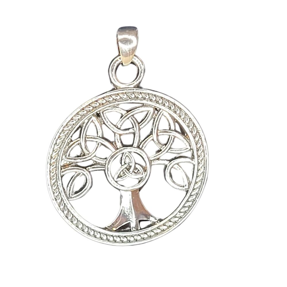 Celtic Tree of Life Pendant Black Silk Braided Chain Silver Alloy Norse